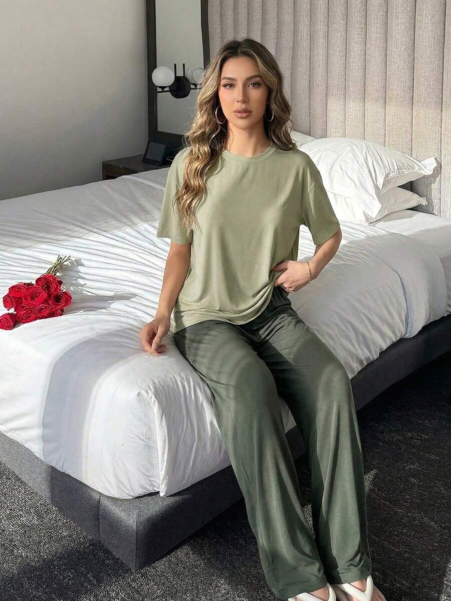 DAZY Simple Monochrome Short Sleeve Top & Long Pants Home Clothes Set, Outfits Pajama - Green - View 1