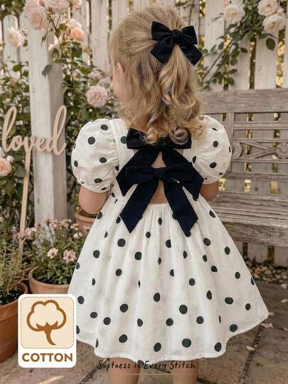 Cozy Pixies Baby Girl Colorblock Bow Round Neck Petal Sleeve Cinched Waist Dress, Versatile & Comfortable