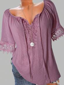Linhara Plus Size Solid Color Short Sleeve Lace Patchwork Casual Summer T-Shirt For Women - Pink - View 1