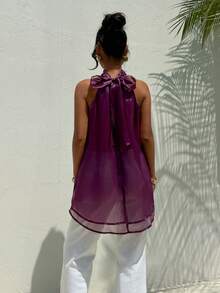 Aloruh Áo kiểu nữ thanh lịch cổ cao buộc dây không tay chất liệu chiffon màu trơn - Màu tím - Xem 8
