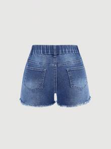 Girlism Tween Girl Y2K Spring Summer Break Washed Low Waist Ripped Raw Hem Denim Mini Shorts,Summer Boho Beach Concert Rave Festival Dailywear Spring To Summer Rave Festival And Streetwear - Medium Wash - View 2