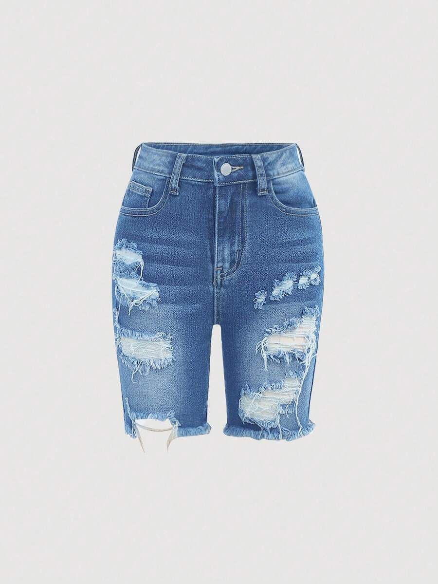 SHEIN Girlism Tween Girl Y2K Spring Summer Break Solid Washed High Stretch Distressed Ripped Denim Shorts With Frayed Hem And Pockets, Stylish Casual Boho Holiday Concert Raves Festival - Medium Wash - View 1