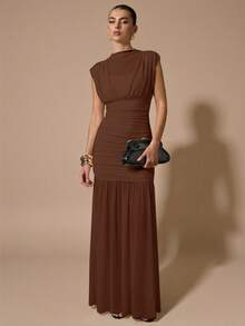 SHEIN BAE 黑色披肩式优雅薄纱褶皱连衣裙，适合浪漫约会、派对、正式聚会、伴娘礼服、女士夏季连衣裙、下午茶会连衣裙、新年、情人节、生日迷你连衣裙、黑色连衣裙 - 棕色 - 查看 4