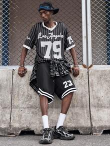 EVRINFINITE 男士数字印花抽绳腰部宽松休闲篮球短裤 - 黑色 - 查看 3