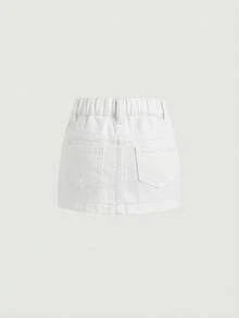 SHEIN 女婴粉色丝带蝴蝶结，蓝色牛仔弹力紧身裙 - 白色 - 查看 2