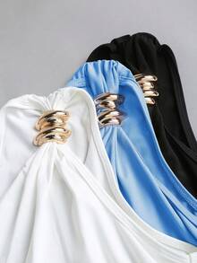 Sweetra 女士纯色简约不对称领金属扣衬衫 - 彩色 - 查看 6