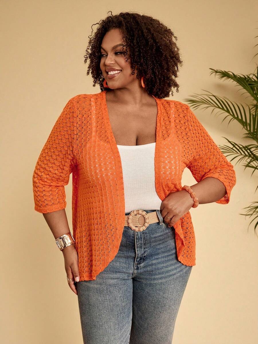 BrightlyHer Plus Size Women Solid Color Hollow Out 3/4 Sleeve Open Front Casual Jacket,Summer Dresses For Women ,Beach Outfits For Women,Holiday Outfits For Women,Country Outfits For Women,Women's Spring Jacket Plus Size Summer Cardigan Plus Size Spring Outfits Women Casual Outfits New Arrivals For Plus Size Woman Plus Size Outfits For Women Women's Plus Size Clothes - Coral Orange - View 1