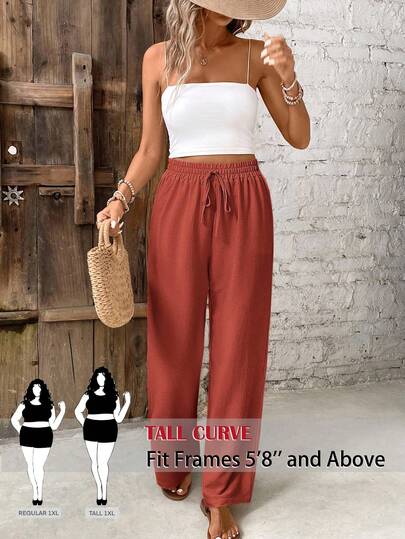 SHEIN Tall CURVE Quần ống rộng dáng suông màu trơn dành cho nữ cỡ lớn, có dây rút ở eo, kiểu dáng thường ngày, đa năng, thích hợp mặc hàng ngày.
