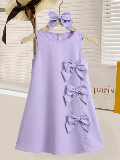 SHEIN Tween Girls Purple Bowknot Decor Round Neck Sleeveless Woven Dress