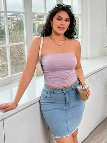 GalTyme Light Lavender Plus Size Women Ruched Solid Color Bandeau Top - Dusty Purple - View 5