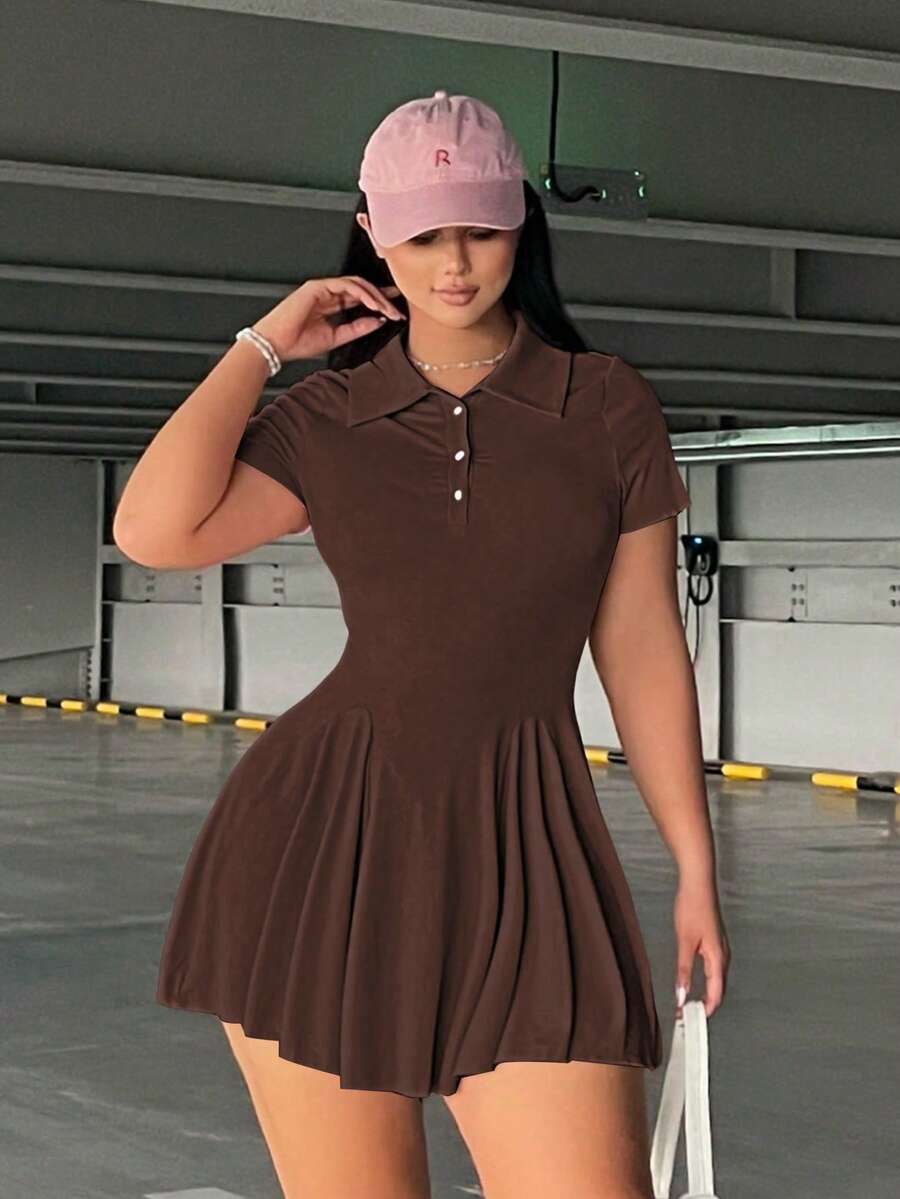 Flirla Plus Size Solid Color Pleated Minimalist Casual Collared Short Sleeve Dress - Brown - View 1