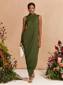 Zivah 2026春夏新款音乐节、复活节、圣帕特里克节、情人节、约会、西部风、游牧风、生日派对、毕业典礼、学院风、学生装、日常穿着、百搭基础款、休闲装、度假、邮轮旅行、海滩、日光浴、爆款、街头风、婚礼宾客波西米亚风、通勤、早午餐、机场、派对、假日郊游、办公室穿着 黄绿色无袖荷叶边修身针织连衣裙 - 軍綠色 - 查看 5