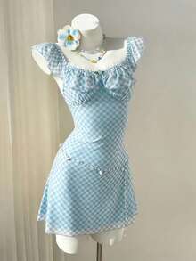 Elamini Đầm ngắn nữ kiểu dáng thường ngày dễ thương ngọt ngào, đa năng, họa tiết kẻ caro hoa, tay phồng, thắt eo, chất liệu lưới, thích hợp cho tiệc tùng và hẹn hò, mùa xuân/hè. - Nhiều màu - Xem 7