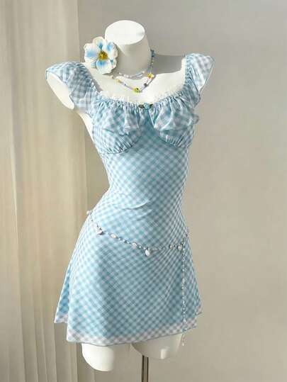 Elamini Women's Casual Cute Sweet Daily Versatile Party Date Mesh Plaid Floral Print Puff Sleeve Waist Cinched Short Dress, Spring/Summer