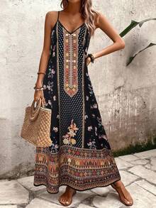 Breezaya New Summer Dress: Daily Dress, Vacation Dress, Ditsy Floral Paisley & Cashew Flower Pattern. This Vacation-Style Fashion Item Features Loose A-Line Silhouette, V-Neck, Spaghetti Strap Dress, Long Summer Dress, Bohemian Dress, Nomadic Dress, Summer Dress, Music Festival Dress - Multicolor - View 6