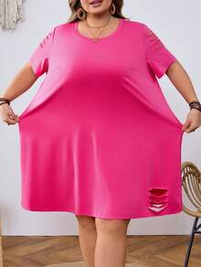 SHEIN CURVE+ Curve Size US22Music Festival, Seaside Vacation, Bohemia Round Neck Short Sleeve A-Line Distressed Basic Loose Knit T-Shirt Dress T Shirt Dress Women Dress Pink Dress - Hot Pink - View 9
