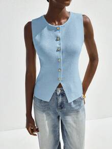 Maija Women's Light Blue Sleeveless Solid Color Knit Top,Minimalist Summer Elegant Business Casual Commuting Office Wear For Brunch,Soft Fine Knit Fabric - Blue - View 6