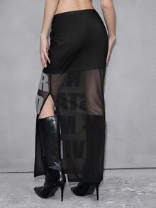 ROMWE Avant Oversized English Text Mesh Blurry Print Slim Fit Maxi Skirt - Black - View 3