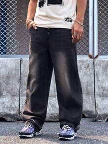 EVRINFINITE Manfinity Streetrush Men's Minimalist Denim Wide Leg Loose Casual Pants, Long Baggy Plain Black Washed Cargo Jeans, For Husband, Boyfriend Gifts Going Out Hang Out College Vacation Street - Black - View 6