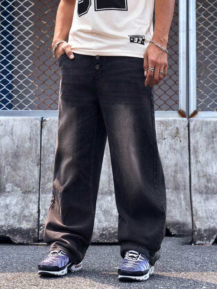 EVRINFINITE Manfinity Streetrush Men's Minimalist Denim Wide Leg Loose Casual Pants, Long Baggy Plain Black Washed Cargo Jeans, For Husband, Boyfriend Gifts Going Out Hang Out College Vacation Street - Black - View 6