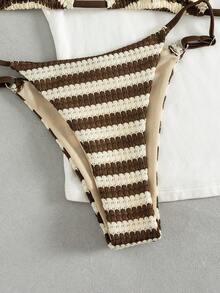 Swim Mod 女士春夏沙滩音乐节针织提花条纹图案性感吊带串珠比基尼套装 - 彩色 - 查看 4