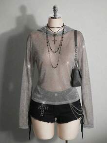 SHEIN ICON Women's Street Style Sheer Sparkly Drop Shoulder Hoodie - Grey - View 7