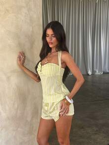 Opulessa Women's Woven Striped Halter Neck Top, Spring/Summer - Yellow - View 1