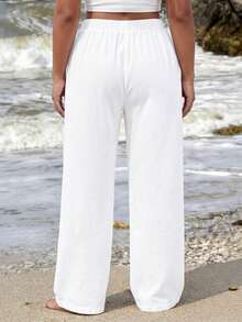 EMERY ROSE Plus Size Printed Comfortable Linen Straight Leg Pants, Slimming With Pockets - White - View 2
