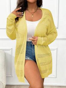 Elenzga 大码女式纯色休闲百搭长袖开衫 - 鵝黃色 - 查看 4