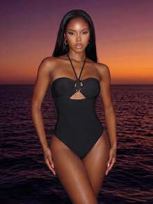 Vaytide 1 件优雅细肩带领口女式四季连体泳衣适合夏季通用 - 黑色 - 查看 4