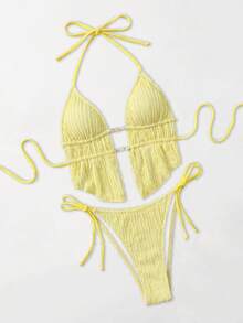 Vaytide Bộ đồ bơi bikini hở lưng hình tam giác, vải jacquard trơn mùa hè cho nữ, gợi cảm, dễ thương, đồ bơi riêng cho nữ - Màu vàng - Xem 6
