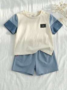 Cozy Pixies 2件套男童撞色针织标签圆领短袖上衣和松紧腰短裤 - 杏色 - 查看 11