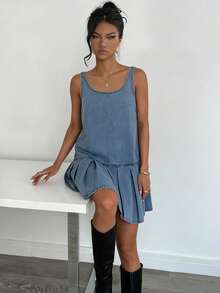 Siren Gaze 女士圆领褶裥休闲日常牛仔连衣裙 - 淺色水洗藍 - 查看 5