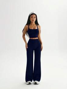 SHEIN Sports 女士纯色吊带露脐上衣和高腰紧身裤休闲日常瑜伽运动套装 - 藏蓝色 - 查看 3