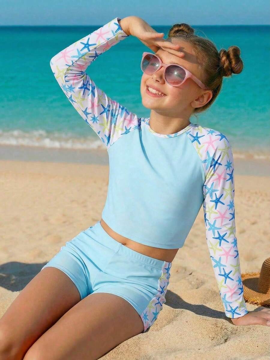 SHEIN Tween Girl Beach Vacation Starfish Print Swimwear Set - Blue - View 1