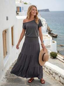 EMERY ROSE Women's Casual Solid Color Asymmetric Neck T-Shirt And Flared Skirt 2 Pieces Set Going Out Outfit Two Pieces Set For Women Summer Sets Matching Sets For Women Skirt And Blouse Set Casual Women Outfits 2-Piece Going Out Sets For Women Grey Casual Sets For Women Summer Outfit For Women Women's Summer Outfits Women Vacation Outfit Sets Skirt And Blouse Set - Grey - View 3