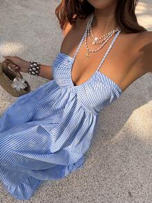 Sunnyshic 女士蓝色条纹夏季法式V领露背蝴蝶结腰带连衣裙，性感浪漫海滩度假风 - 藍色 - 查看 6