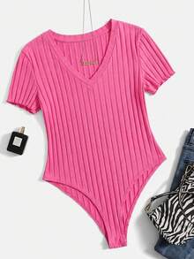 SHEIN EZwear 大码女式V领休闲百搭连体衣，适合日常穿着 - 中紫紅色 - 查看 1