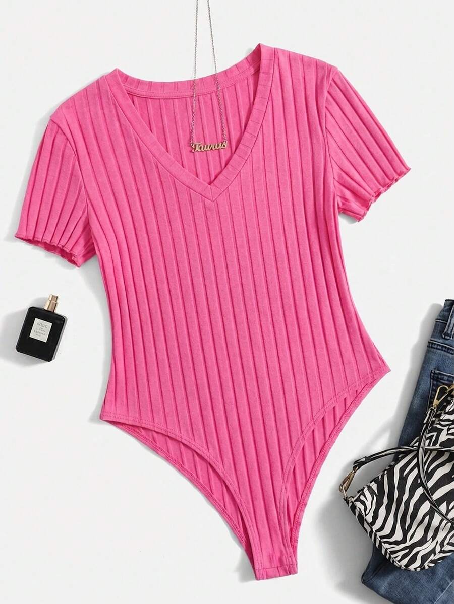 SHEIN EZwear 大码女式V领休闲百搭连体衣,适合日常穿着 - 中紫紅色 - 查看 1