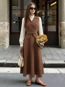 SHEIN Bộ áo sơ mi nữ màu trơn tối giản phong cách thường ngày - Cà phê nâu - Xem 1