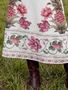 CAJUNI Chân váy maxi dáng xòe màu trắng ngà, kiểu boho với họa tiết nhiệt đới. - Màu be - Xem 5