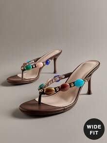 Hauture 女士宝石装饰细高跟日常复古性感沙滩优雅 PU 棕色高跟凉鞋 - 棕色 - 查看 5