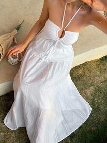 Beach Party Holiday Outfit Summer White Halter Midi Dress For Women Sundress - Beige - View 7