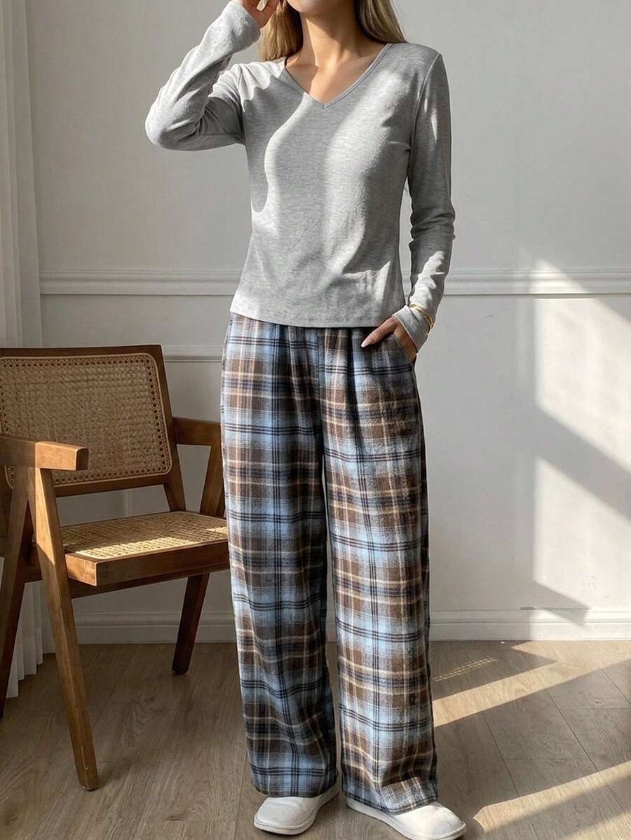 DAZY 2pcs Women Spring Casual Loose Comfy Lounge Set, Home Wear, Cozy Outfits, Fall Winter Clothes - Light Grey - View 1