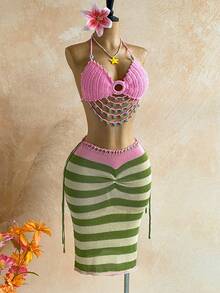Soleia Women's Vacation Beach Beaded Decor Backless Halter Knit Top And Striped Knit Mini Skirt 2 Pieces Set - Multicolor - View 3