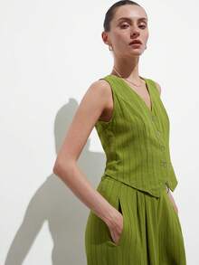 Aveloria Modichic 2pcs Set: Linen Striped Casual Vest Top & Loose Wide Leg Pants, Commuting Versatile - Green - View 5