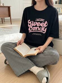 DAZY 2pcs/Set Crew Neck Letter Print Short Sleeve Top And Casual Pants Pajama - Black - View 4