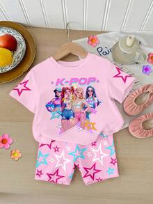 SHEIN Conjunto casual de camiseta de manga corta con cuello redondo y estampado de letras y dibujos animados, y pantalones cortos para niña pequeña, adecuado para vacaciones, fiestas, uso diario, conciertos - Multicolor - Ver 2