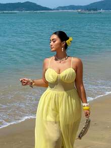 Sunnyshic Plus Size Sexy Off-Shoulder Backless Jumpsuit - Light Yellow - View 6