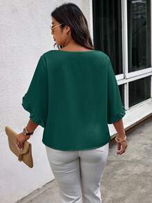 Calvaya Plus Size Summer Casual Solid Color Ruffle Trim Blouse,Valentine - Dark Green - View 2